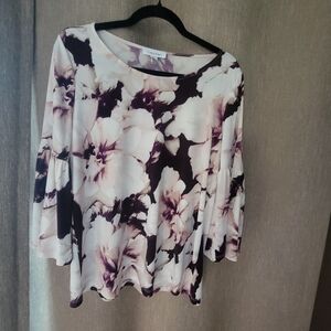 CALVIN KLEIN Women's Bell Flutter Long Sleeve Floral White Burgundy Sz M